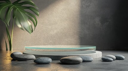 Poster - A simple and elegant glass podium surrounded by round sea stones, perfect for displaying upscale product designs.