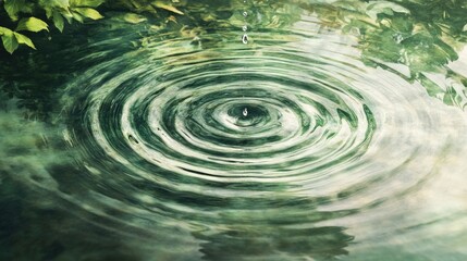 Aufkleber - A single droplet suspended in air, creating ripples in a serene pool, symbolizing the spreading influence of actions and thoughts.