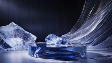 Poster - A sleek, ice-inspired podium with sapphire details, creating an elegant presentation space for luxury product packaging.
