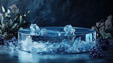 Poster - A sleek, ice-inspired podium with sapphire details, creating an elegant presentation space for luxury product packaging.
