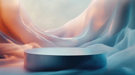 Poster - A soft trickle of shimmering luster through winding valleys, framed by a sleek empty pedestal for packaging product presentation.