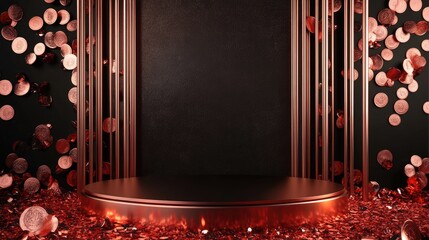 Poster - A sophisticated podium framed by copper coins and ruby-red stones, ideal for luxury packaging product displays.