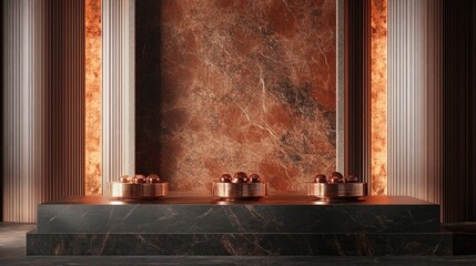 Poster - A sophisticated podium framed by copper coins and ruby-red stones, ideal for luxury packaging product displays.