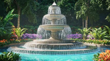 Poster - A stunning fountain flowing into turquoise pools, nestled among lush greenery, vibrant flowers, and tiered waterfalls, evoking a sense of tranquility and serene beauty.