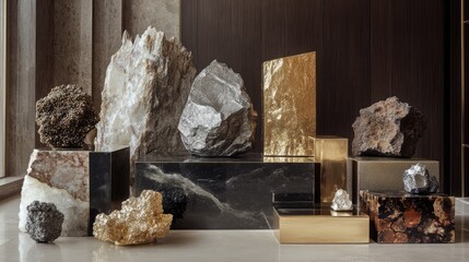 Poster - A stunning showcase with a podium made from various minerals like gold and silver, ideal for presenting luxury packaging.