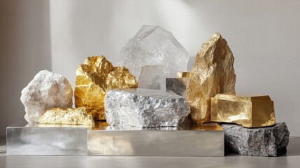 Poster - A stunning showcase with a podium made from various minerals like gold and silver, ideal for presenting luxury packaging.