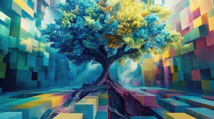 Poster - A surreal tree with vibrant foliage and twisted roots in blue, green, and yellow, set in a geometric landscape of vivid blocks, creating a dreamlike atmosphere.