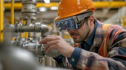 Aufkleber - A technician in an industrial environment wearing AR glasses, overlaying flow readings and sensors on a complex pipeline to identify blockages or leaks for fast and accurate diagnostics.