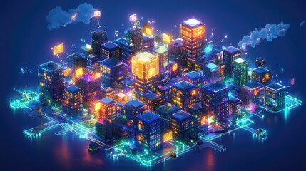 Poster - A three-dimensional city made of glowing cubes, each representing an individual startup, interconnected by radiant paths, symbolizing the collective economic collaboration in a thriving ecosystem.