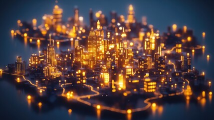 Poster - A three-dimensional city made of glowing cubes, each representing an individual startup, interconnected by radiant paths, symbolizing the collective economic collaboration in a thriving ecosystem.