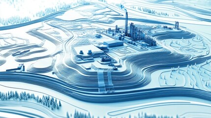 Poster - A topographic map displaying resource locations with a clear path leading to a production facility, illustrating the benefits of a shorter, more localized supply chain.
