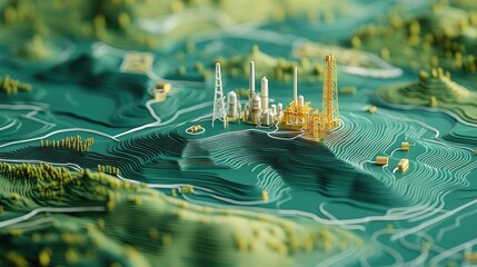 Poster - A topographic map displaying resource locations with a clear path leading to a production facility, illustrating the benefits of a shorter, more localized supply chain.