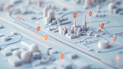 Poster - A topographic map with local resource points marked and a pathway leading directly to the factory, representing a streamlined and efficient supply chain for local production.