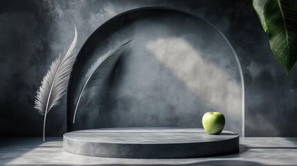 Poster - A tranquil empty showcase featuring an apple and feather-inspired podium, ideal for elegant product presentation.