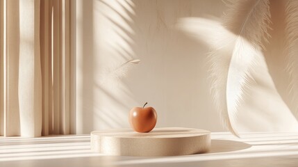 Poster - A tranquil empty showcase featuring an apple and feather-inspired podium, ideal for elegant product presentation.