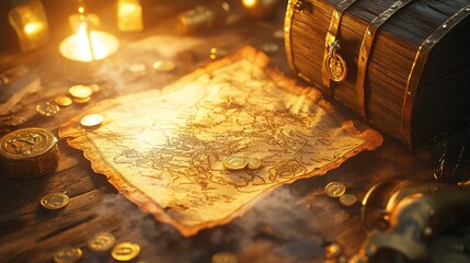 Poster - A treasure map pointing toward a hidden store of gold coins, treasure chests, and discounted treasures, representing financial discovery and opportunity