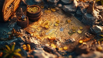 Poster - A treasure map revealing a hidden store filled with gold coins and treasure chests, symbolizing wealth, strategy, and the pursuit of ultimate discounts.