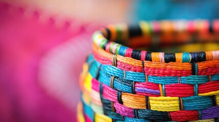 Poster - A vibrant, close-up view of a woven basket made from multicolored fibers, representing cultural heritage, sustainability, and the beauty of traditional craftsmanship.