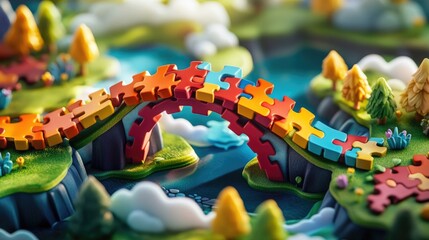 Poster - A vibrant landscape with a colorful puzzle bridge spanning across, symbolizing teamwork, connection, and collaboration, where each piece fits perfectly to create harmony.