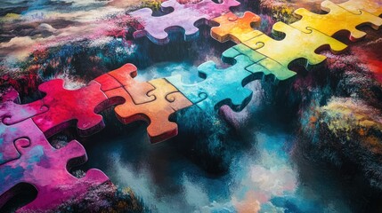Poster - A vibrant landscape with a colorful puzzle bridge spanning across, symbolizing teamwork, connection, and collaboration, where each piece fits perfectly to create harmony.
