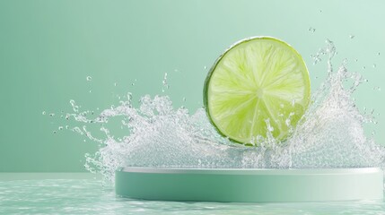 Poster - A vibrant lime slice riding a sparkling wave of water surrounded by droplets, symbolizing refreshing coolness, with a sleek empty podium for showcasing a product.