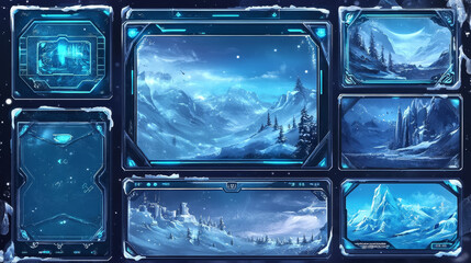 Game streaming overlay panels and buttons with ice texture and snow. Template of webcam video app design. Vector cartoon set of live stream frames in winter style for show gaming process