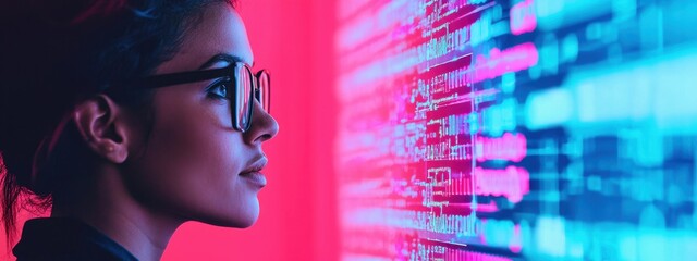 focused woman with glasses analyzing digital data on vibrant screen in a high-tech environment