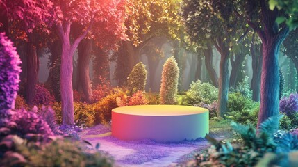Poster - A vivid forest with rainbow hues and lush green trees, featuring an elegant podium for presenting cosmetic packaging.