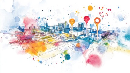 Poster - A watercolor-style map with vibrant microfactory markers leading to community centers, visually representing the relationship between production hubs and local demands.