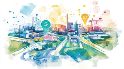 Poster - A watercolor-style map with vibrant microfactory markers leading to community centers, visually representing the relationship between production hubs and local demands.