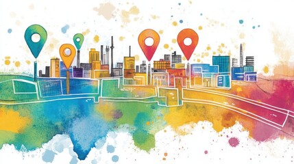 Poster - A watercolor-style map with vibrant microfactory markers leading to community centers, visually representing the relationship between production hubs and local demands.