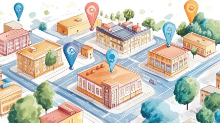 Poster - A watercolor-style map with vibrant microfactory markers leading to community centers, visually representing the relationship between production hubs and local demands.