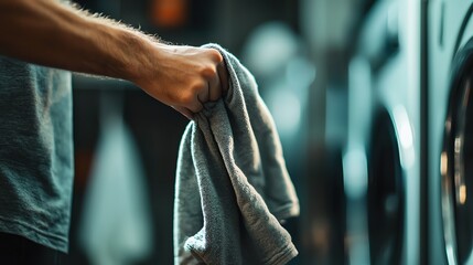 A person's hand holding a gray towel in front of a washing machine, capturing the moment of doing laundry at home.