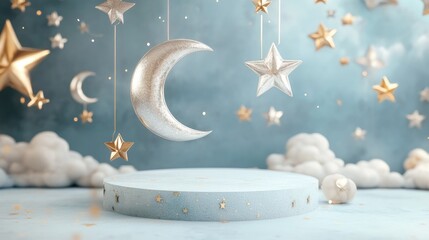 Poster - A whimsical podium adorned with silver stars and golden moons, showcasing an empty space for product presentation.