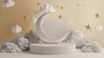 Poster - A whimsical podium adorned with silver stars and golden moons, showcasing an empty space for product presentation.