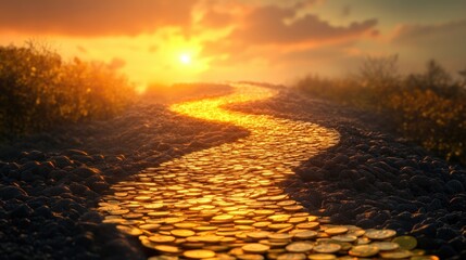 Poster - A winding golden road paved with coins, stretching toward a glowing horizon, symbolizing the journey of prosperity, investment opportunities, and financial success in a bright future.