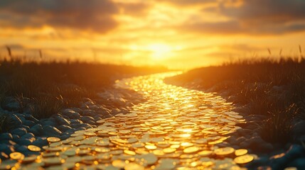 Poster - A winding golden road paved with coins, stretching toward a glowing horizon, symbolizing the journey of prosperity, investment opportunities, and financial success in a bright future.