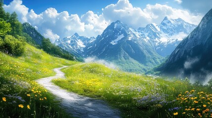 Poster - A winding path through lush green hills with vibrant flowers, leading to blue mountains with snowy peaks, offering a serene and peaceful landscape under warm sunlight.