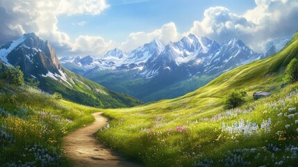 Poster - A winding path through lush green hills with vibrant flowers, leading to blue mountains with snowy peaks, offering a serene and peaceful landscape under warm sunlight.