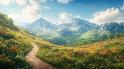 Poster - A winding path through lush green hills with vibrant flowers, leading to blue mountains with snowy peaks, offering a serene and peaceful landscape under warm sunlight.