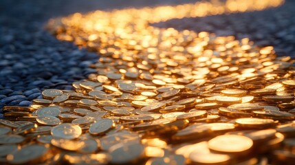 Poster - A winding road paved with gold coins stretching toward a glowing horizon, symbolizing a prosperous journey of financial success, wealth accumulation, and investment opportunities.