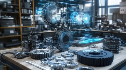 Poster - A workbench with an array of gears and parts, digital schematics floating above, depicting the process of assembling customizable components for advanced mechanical systems.
