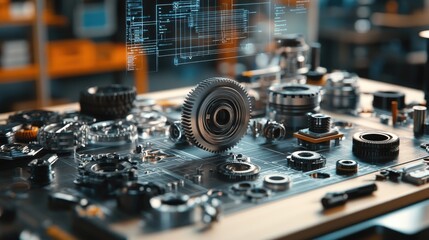 Poster - A workbench with an array of gears and parts, digital schematics floating above, depicting the process of assembling customizable components for advanced mechanical systems.