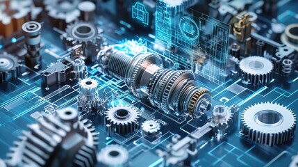 Poster - A workbench with an array of gears and parts, digital schematics floating above, depicting the process of assembling customizable components for advanced mechanical systems.