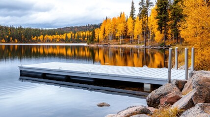 Wall Mural - autumn lake with dock, surrounded by vibrant fall foliage