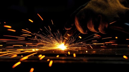 Poster - A worker wearing protective gloves welds metal, creating a shower of bright sparks in a dark industrial setting, emphasizing the intensity and precision of the manufacturing process.