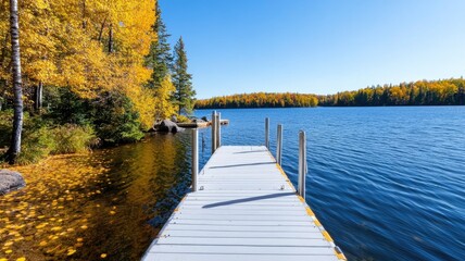 Wall Mural - scenic autumn lake view with wooden dock, clear blue sky, and vibrant fall foliage