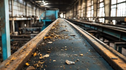 Poster - A worn-out conveyor belt in an industrial factory shows significant damage and debris accumulation, indicating the need for maintenance or replacement to ensure smooth manufacturing operations.