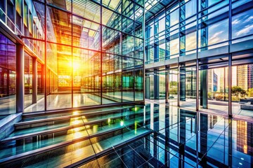 Double exposure captures a modern building's lobby, creating a surreal, artistic space with abstract light and shadow play.