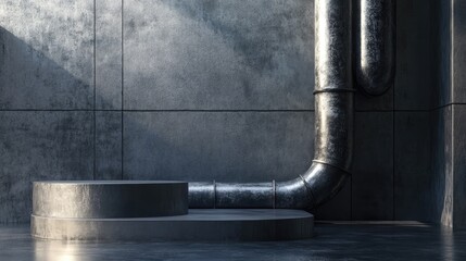 Poster - An industrial scene with a metallic pipe's intricate shapes and a simple podium beside it, ideal for a product showcase.